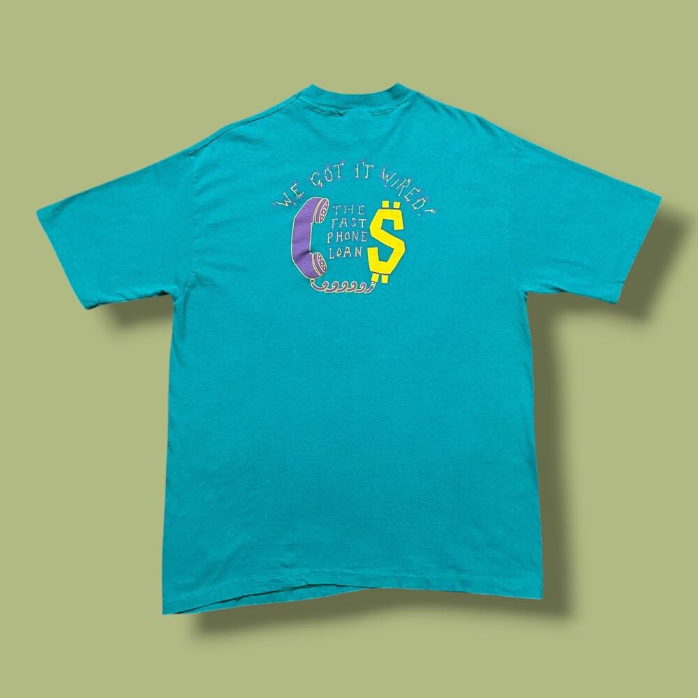Vintage 80s Shirt Graphic Tee Single Stitch Bank Phone Tshirt Mens Teal M/L